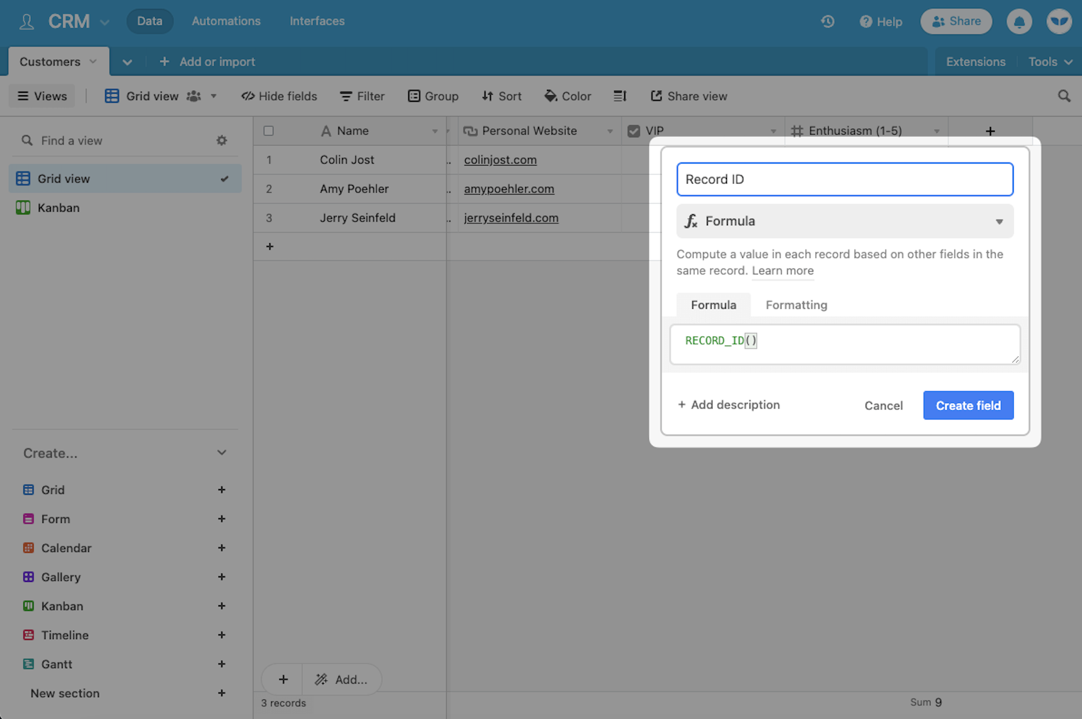 Example formula field with record ID