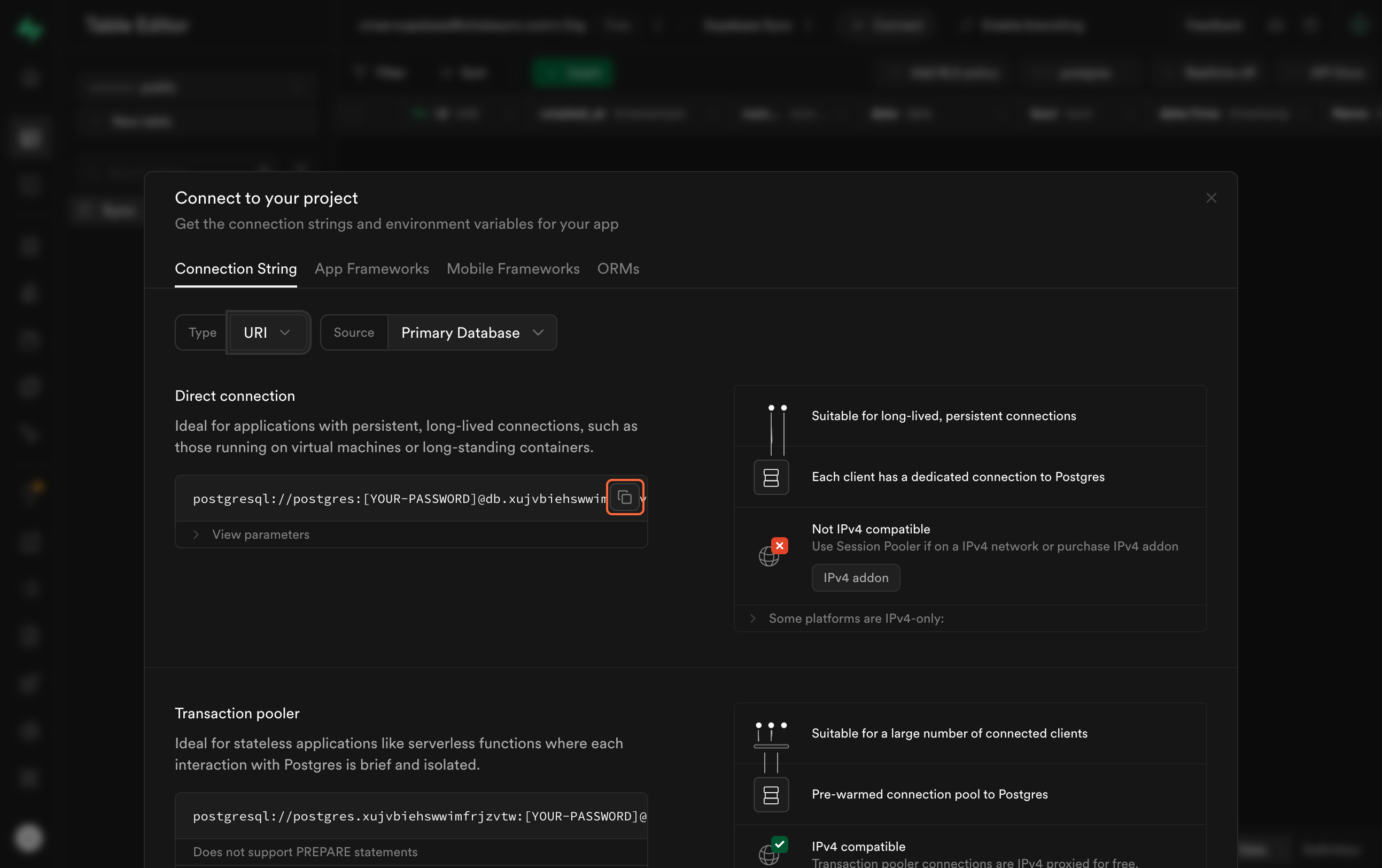 When pasting your connection string to Whalesync change “[YOUR-PASSWORD] with your project password.