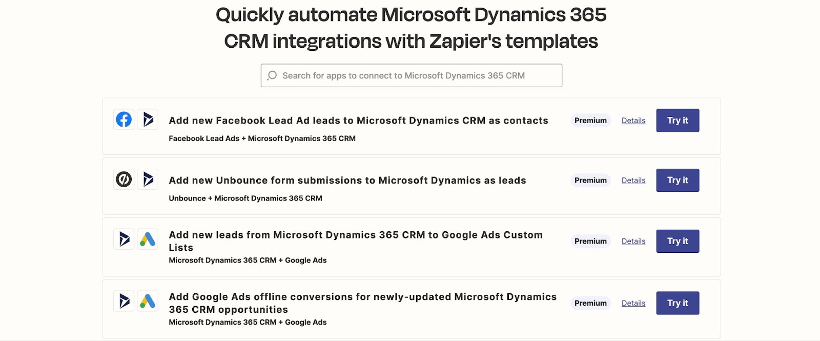 https://zapier.com/apps/microsoft-dynamics-crm/integrations