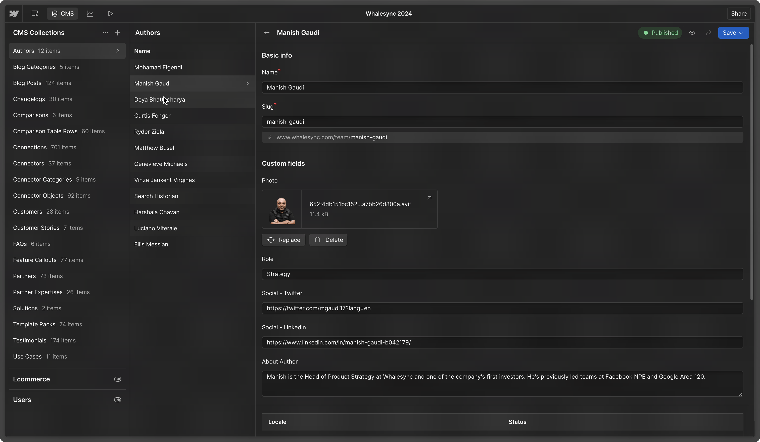 The Webflow CMS UI in action