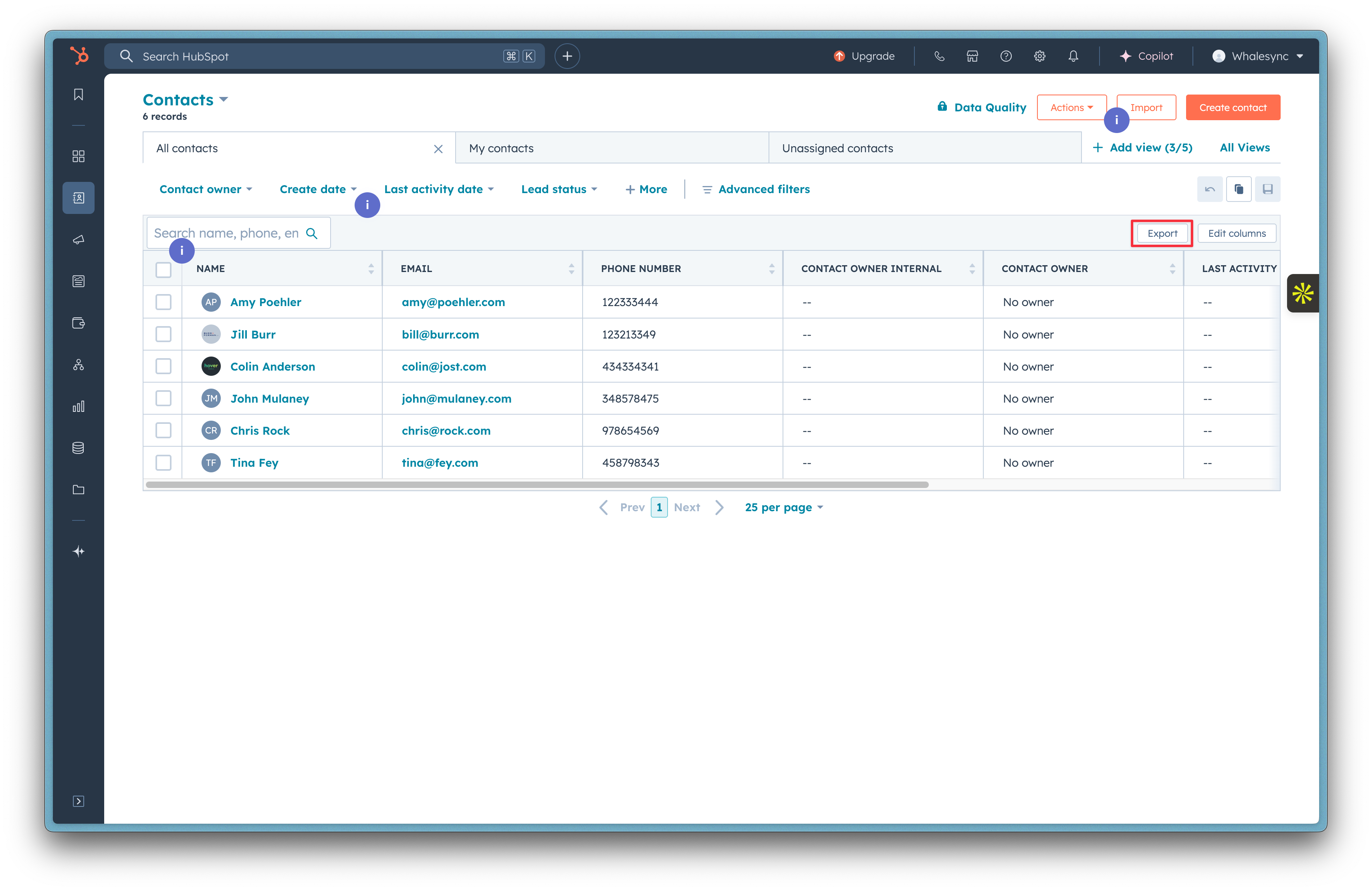 Go to Contacts and click ‘Export’