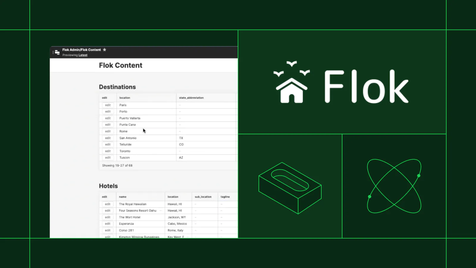 Title card featuring the Flok logo with a screenshot of a Flok content table