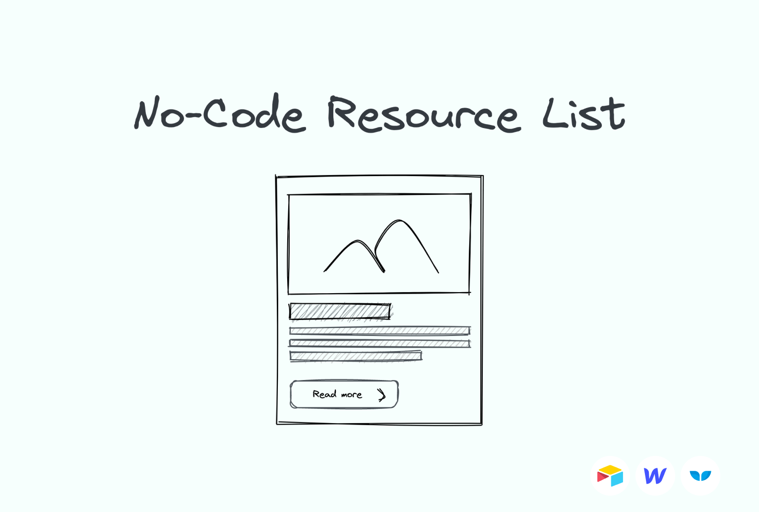 Hand-lettered 'No-Code Resource List' illustration with a webpage wireframe