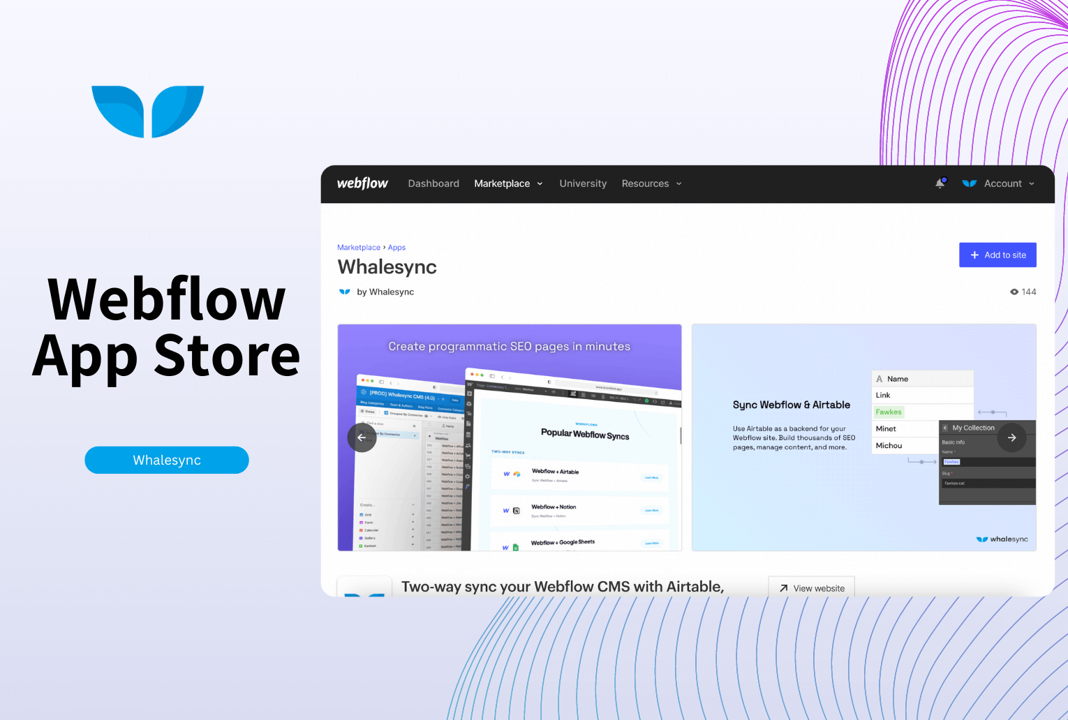 Title card reading 'Webflow App Store' with a screenshot of the Whalesync listing in Webflow's marketplace