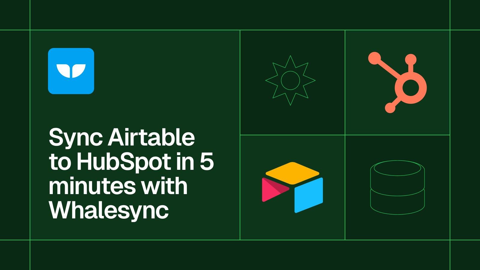 Title card reading 'Sync Airtable to HubSpot in 5 minutes with Whalesync' with the Airtable and HubSpot logos