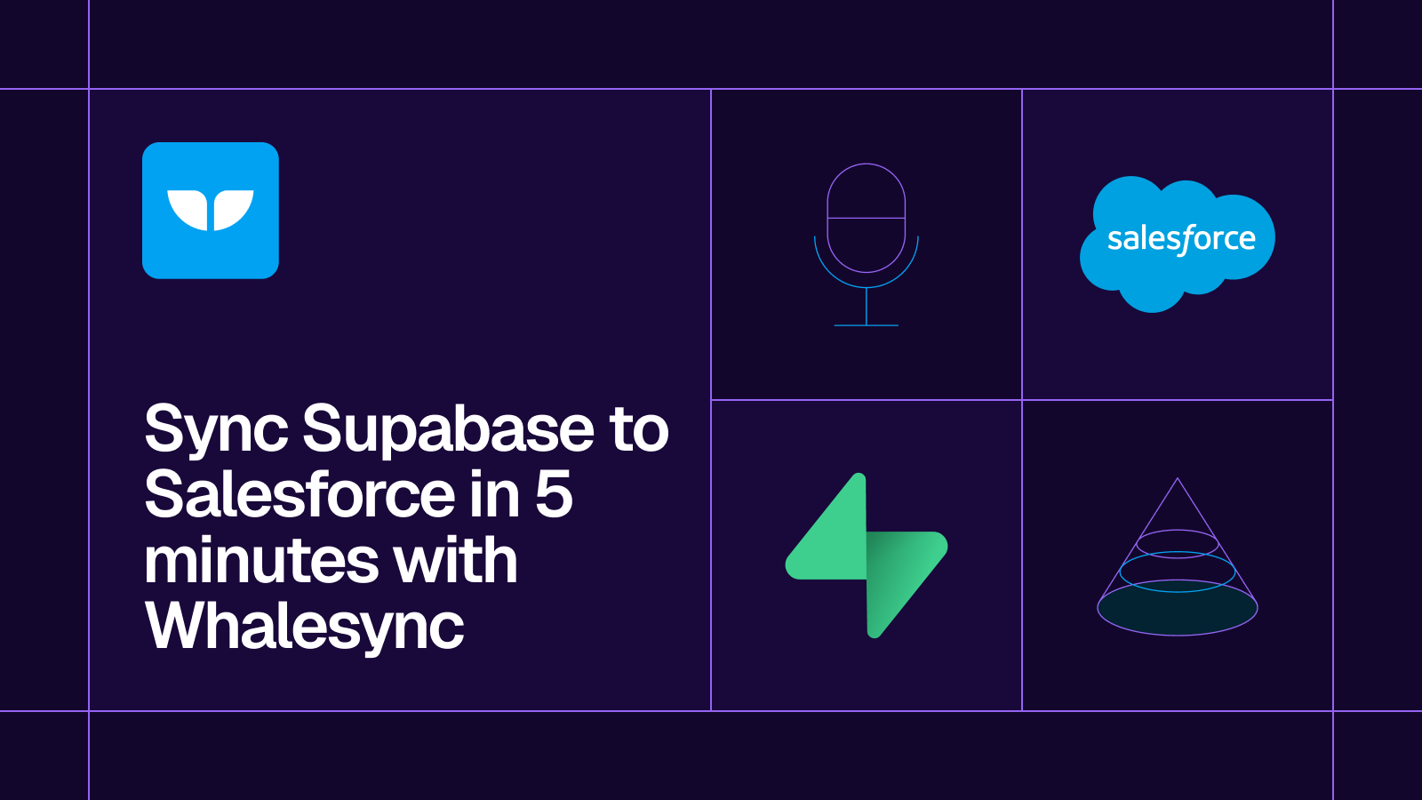 Title card reading 'Sync Supabase to Salesforce in 5 minutes with Whalesync' with the Supabase and Salesforce logos