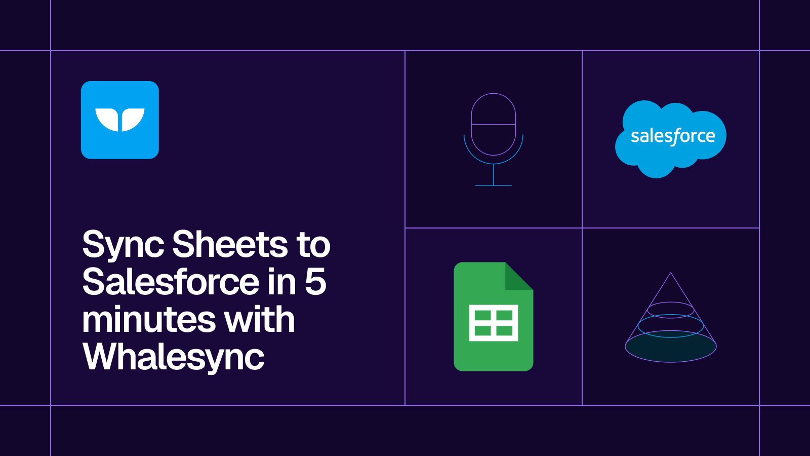 Title card reading 'Sync Google Sheets to Salesforce in 5 minutes with Whalesync' with the Google Sheets and Salesforce logos