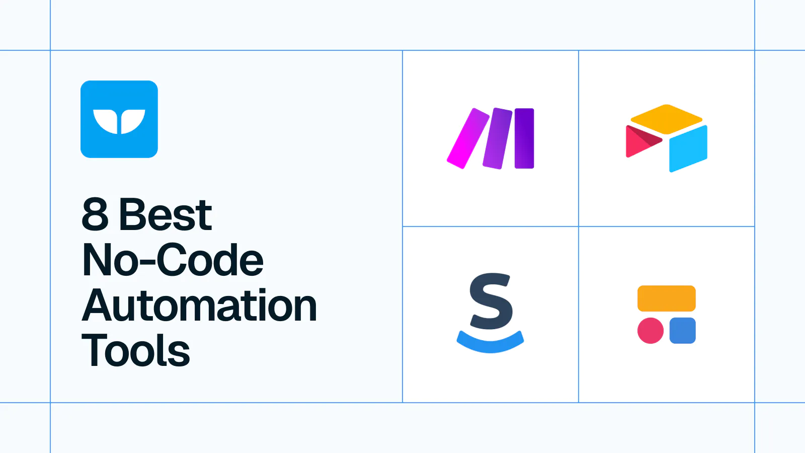 Title card reading '8 Best No-Code Automation Tools' with logos of various automation tools