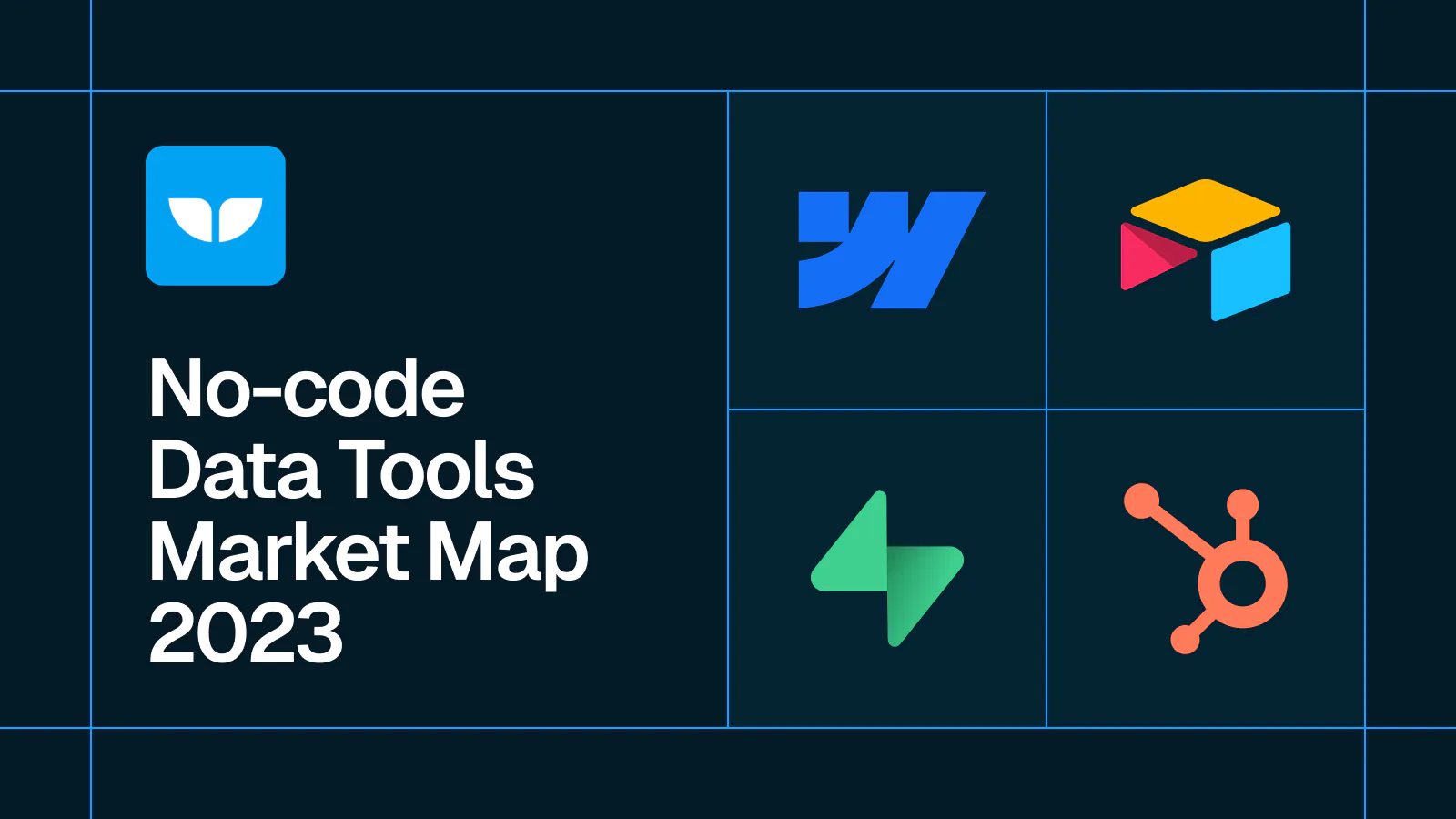 Title card reading 'No-code Data Tools Market Map 2023' with the Webflow, Airtable, Supabase and HubSpot logos