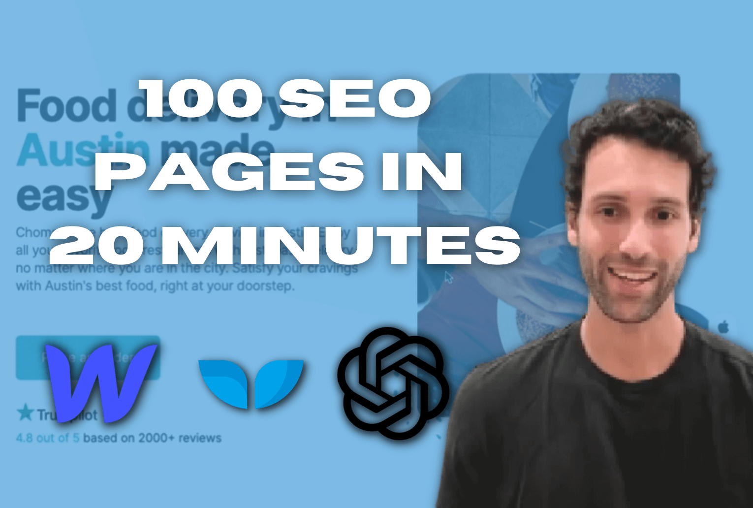 Video thumbnail titled '100 SEO pages in 20 minutes' with a presenter and the Webflow, Whalesync and OpenAI logos