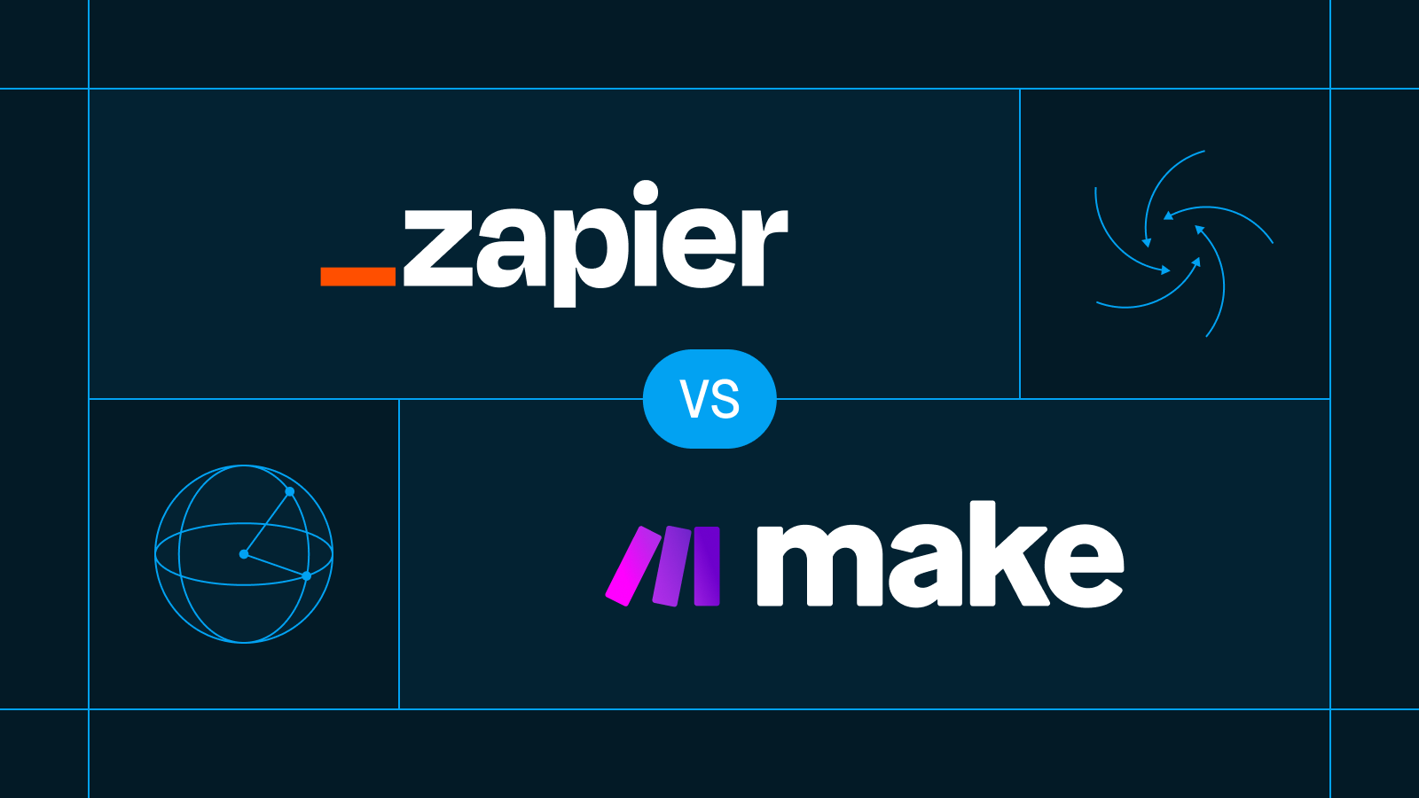 Zapier versus Make comparison card with both logos