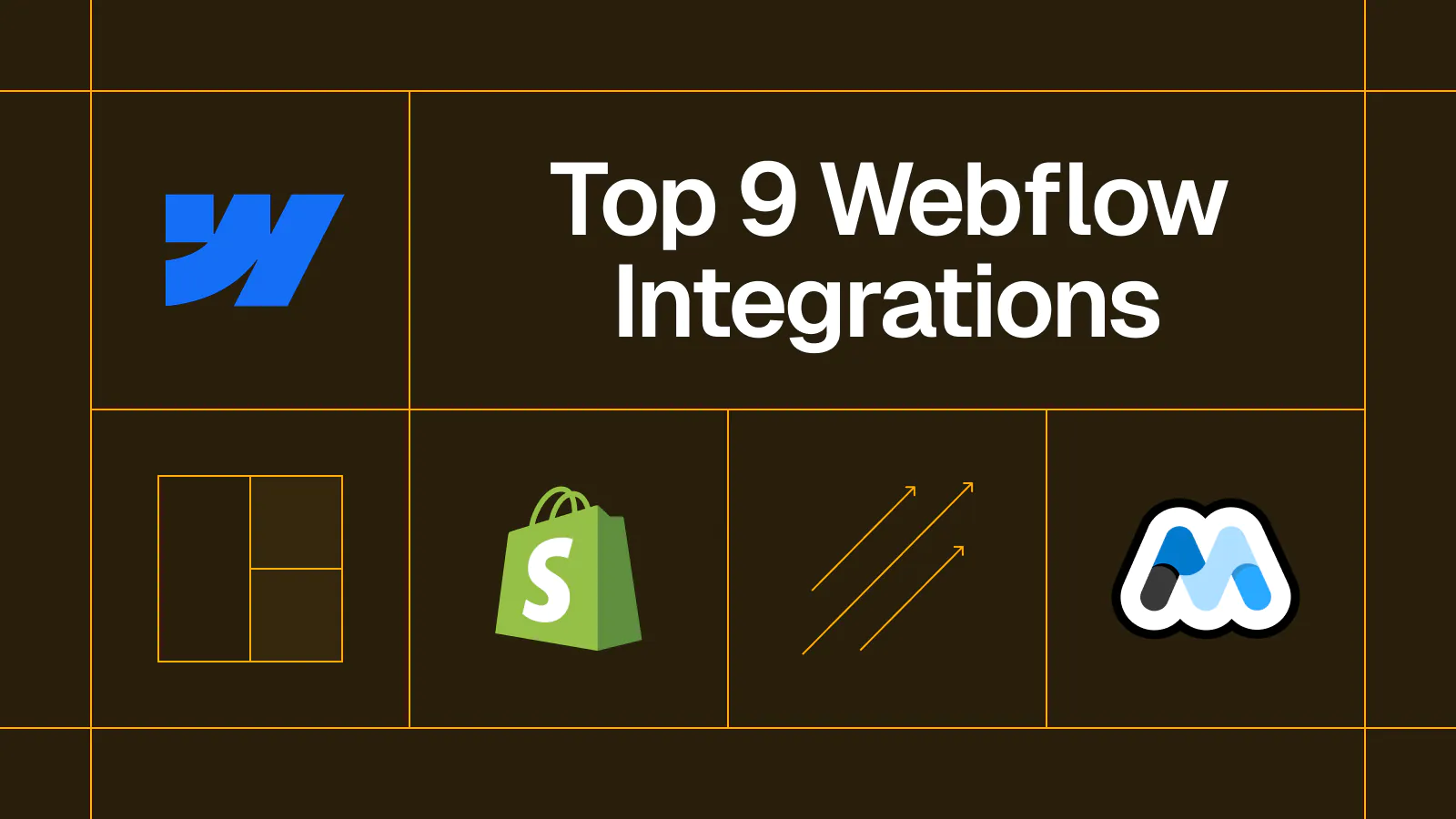 Title card reading 'Top 9 Webflow Integrations' with the Webflow, Shopify and Memberstack logos