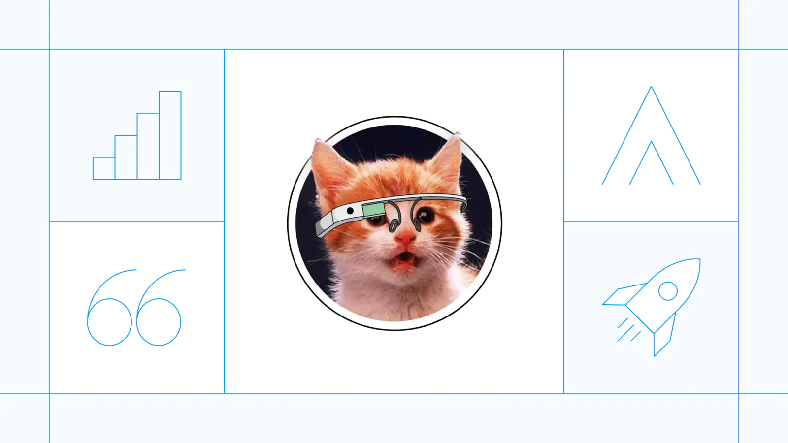 Playful graphic of a cat wearing smart glasses with quotation marks and a rocket icon