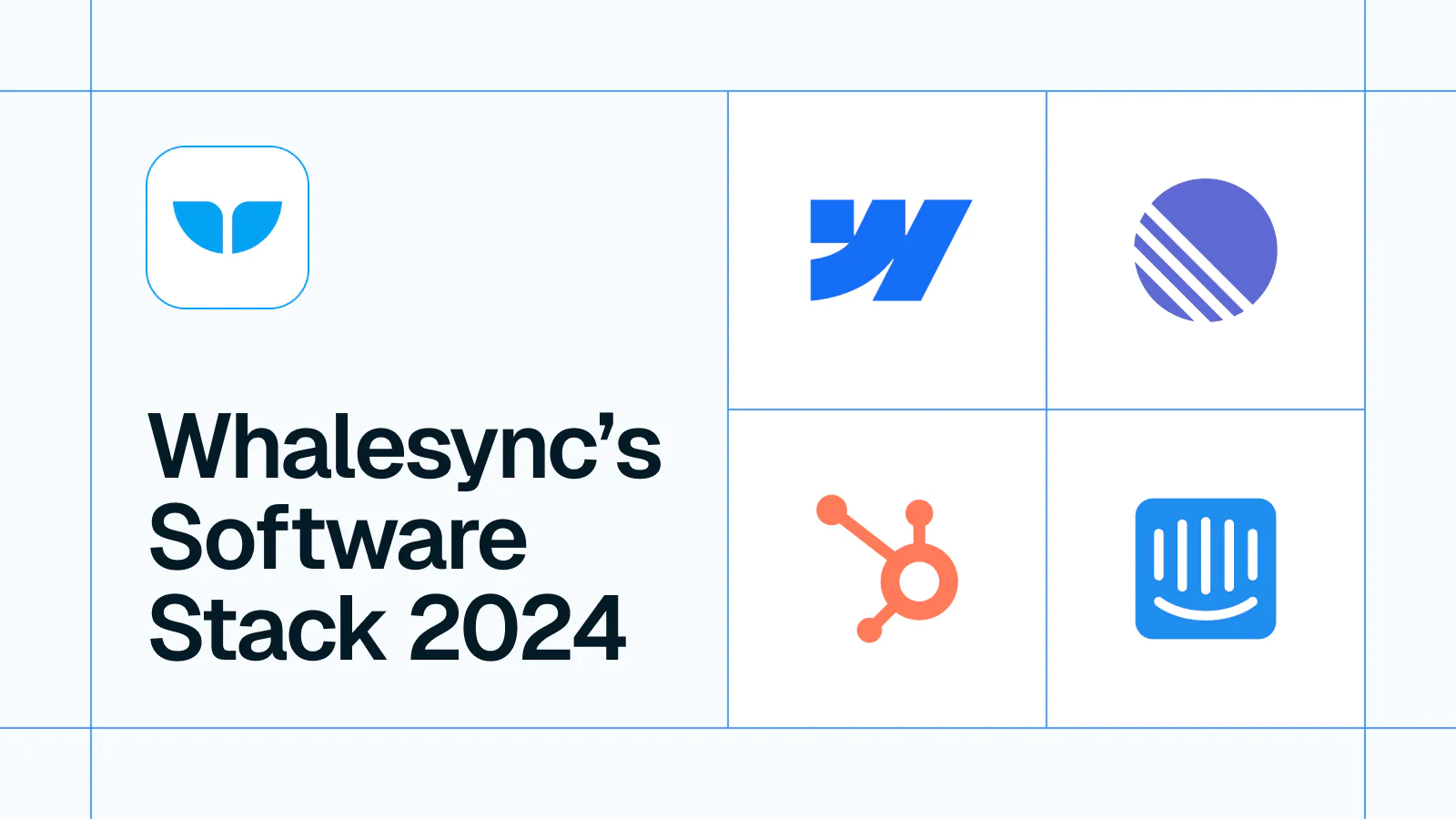 Title card reading 'Whalesync's Software Stack 2024' with the Webflow, HubSpot and other tool logos