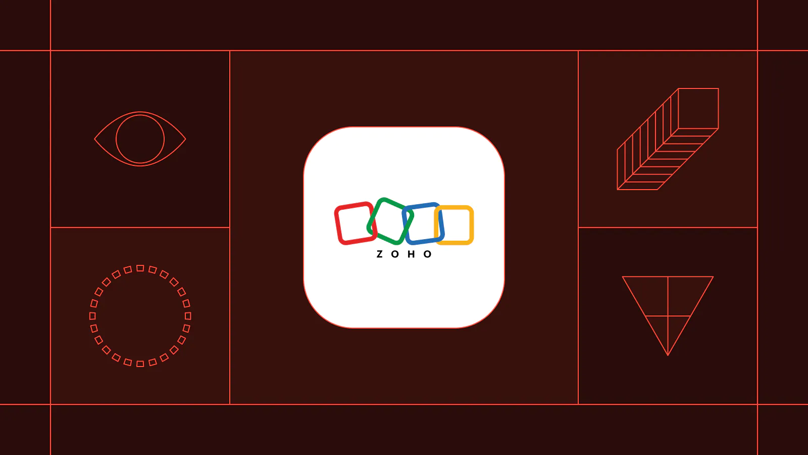 Graphic featuring the Zoho logo with abstract line icons