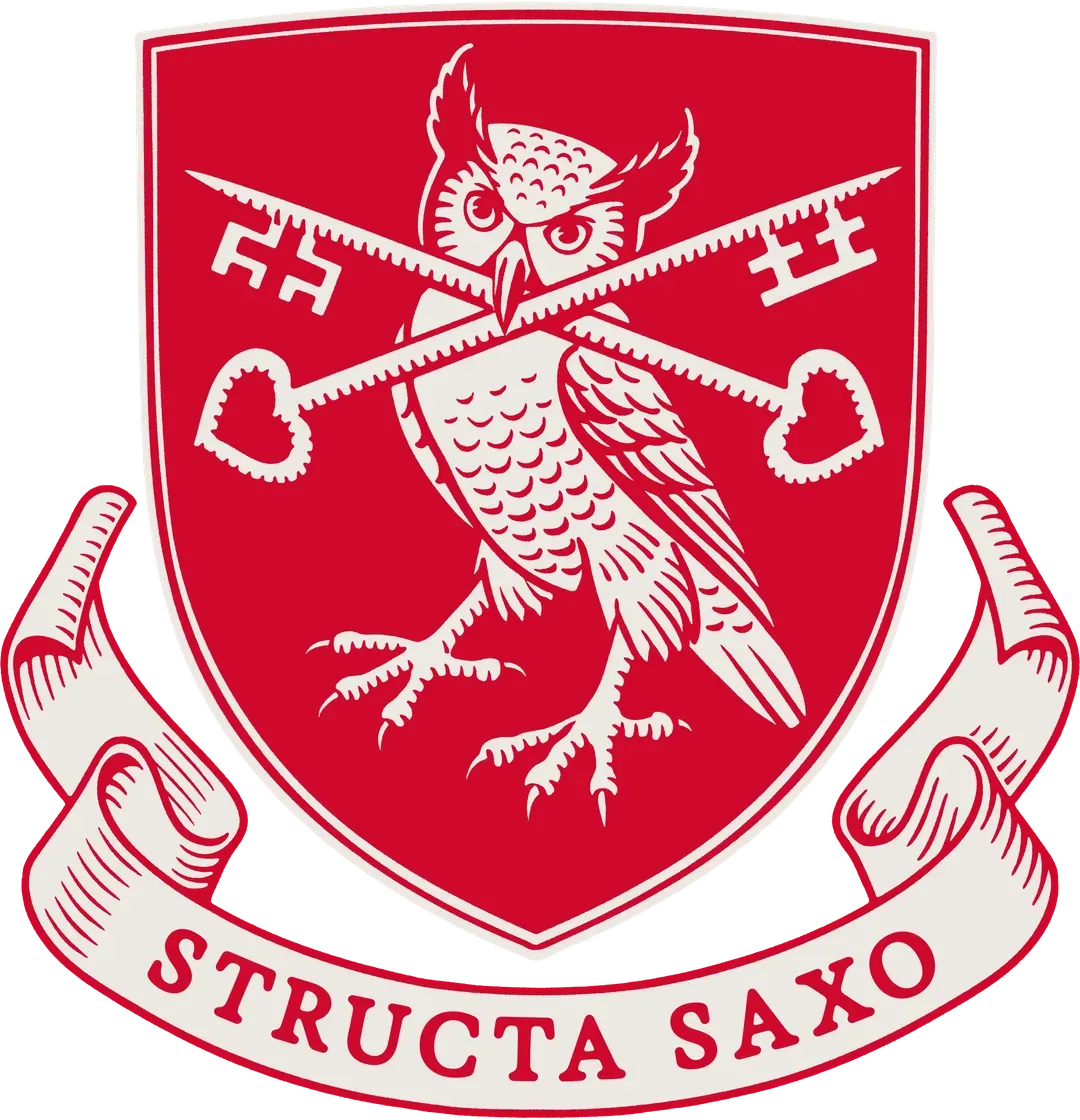 Alt text: St. Peter's School crest featuring an owl entwined with keys, symbolising wisdom and security. The vibrant red shield includes the motto “Structa Saxo,” reflecting the school's commitment to academic excellence and strong community values.
