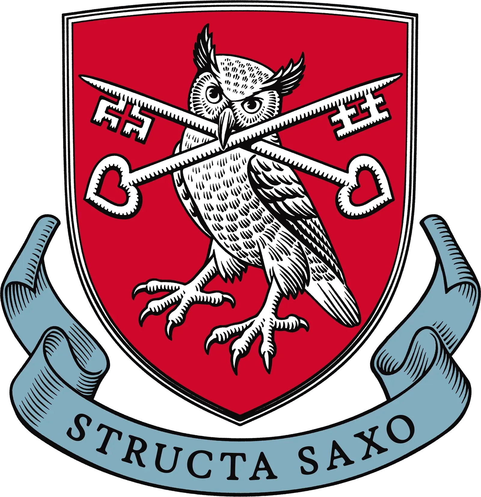 Alt text: Emblem of St. Peter's School featuring a black owl with crossed keys on a vibrant red shield, accompanied by a blue banner displaying the motto "Structa Saxo," symbolising the school's commitment to academic excellence and holistic education.