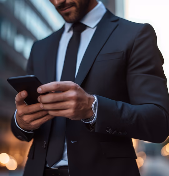 A man in a business attire holding a phone outside the building.