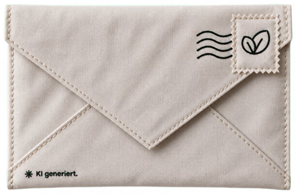 Beige Umschlag mit gesticktem Rand, auf dem oben rechts eine gestickte Briefmarke mit einem Blatt-Symbol und drei geschwungenen Linien als Poststempel zu sehen sind, unten links steht der Text ‚KI generiert.‘.