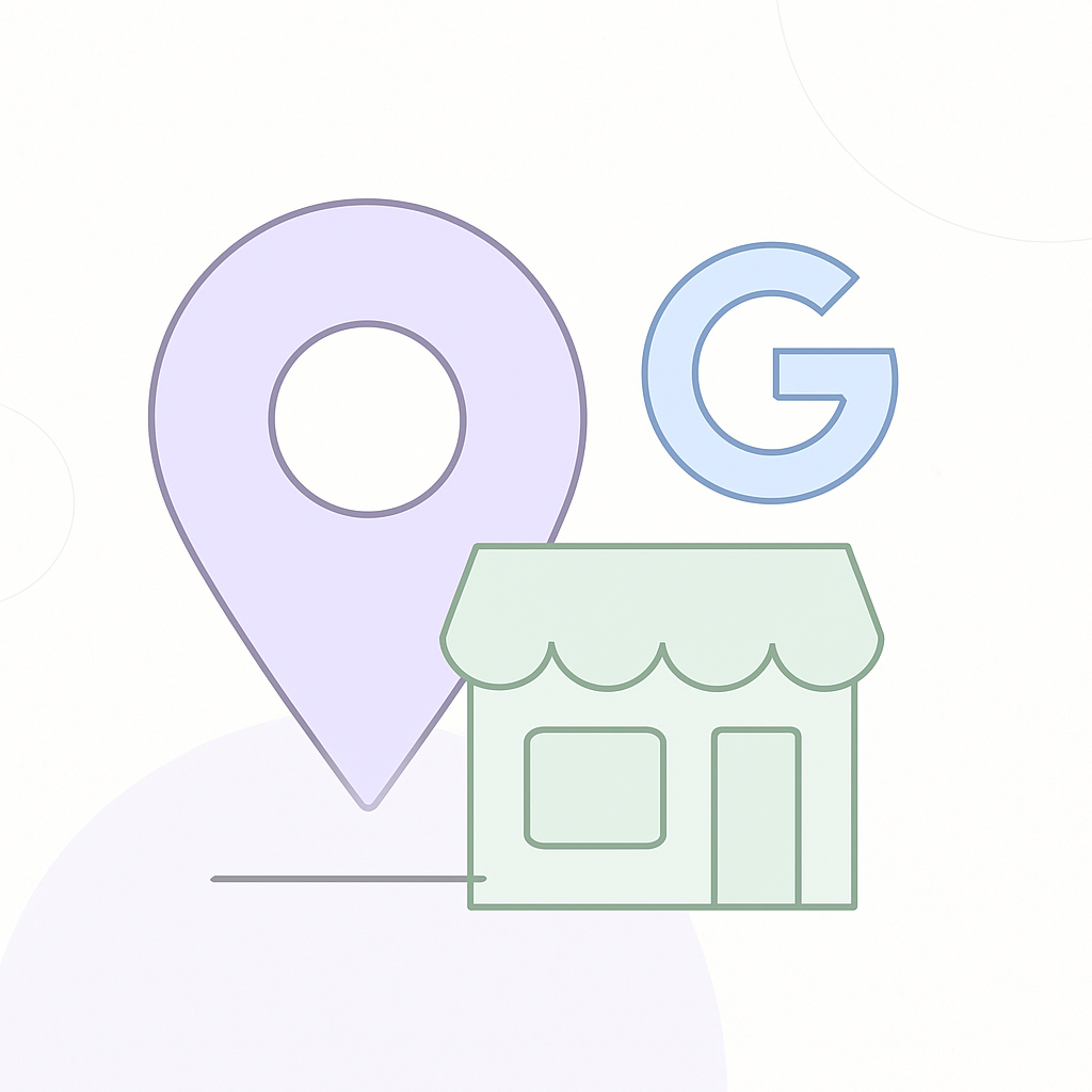 Minimal illustration of a storefront with a Google location pin representing Google Business Profile basics