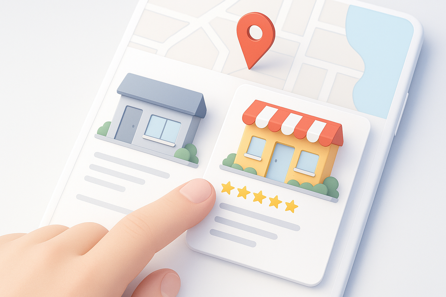 Mobile search showing two local business listings on a map with ratings, representing Google Business Profile selection