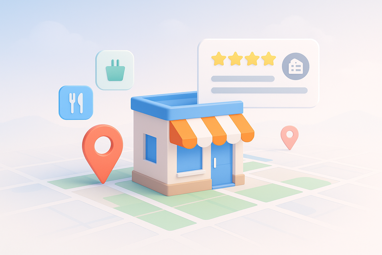 Local business storefront on a map with review stars and category icons, symbolizing Google Business Profile visibility