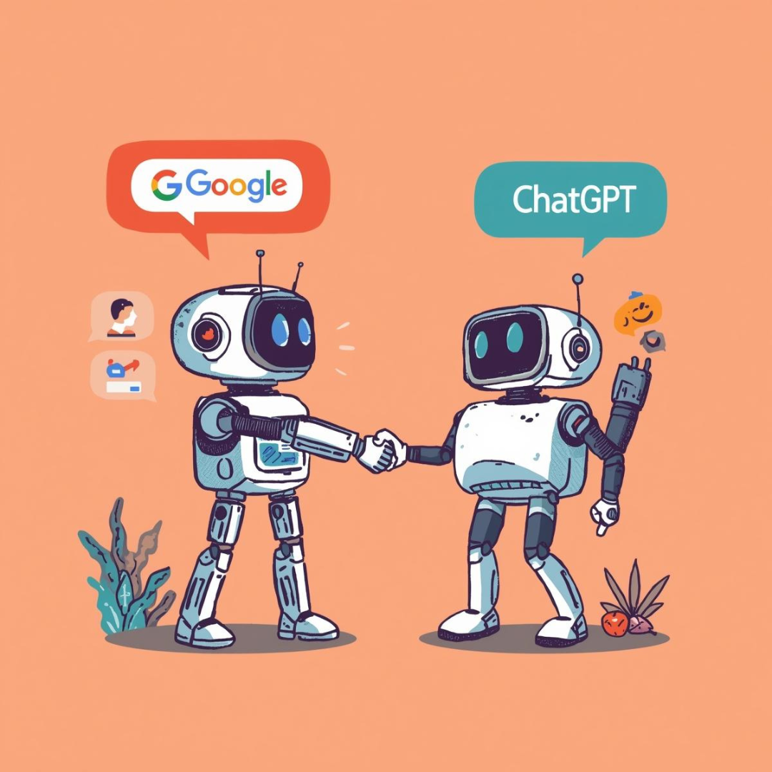 Illustration of two friendly robots shaking hands, one representing Google and the other ChatGPT, with speech bubbles above their heads and small icons around them, symbolizing collaboration between search engines and AI tools.