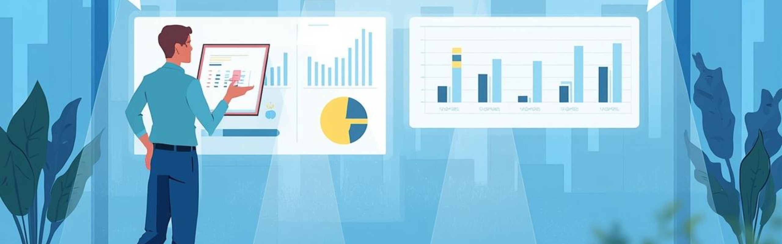 Illustration of a person reviewing analytics dashboards with charts and graphs displayed on large digital screens in a modern workspace
