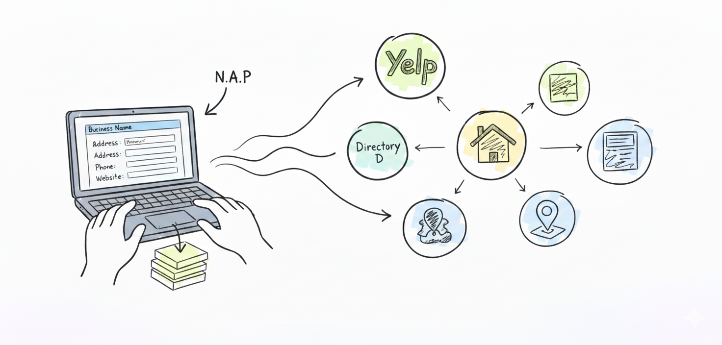 Hand-drawn style illustration showing a laptop where a user enters business NAP information, which flows out to multiple directories such as Yelp, local listings, and map services. Icons represent directories, location pins, documents, and business profiles, highlighting citation building and NAP consistency