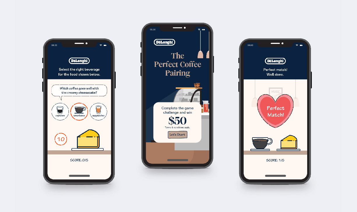 Three mobile phones showcasing the website for the coffee challenge, enticing users with a captivating visuals and interface.