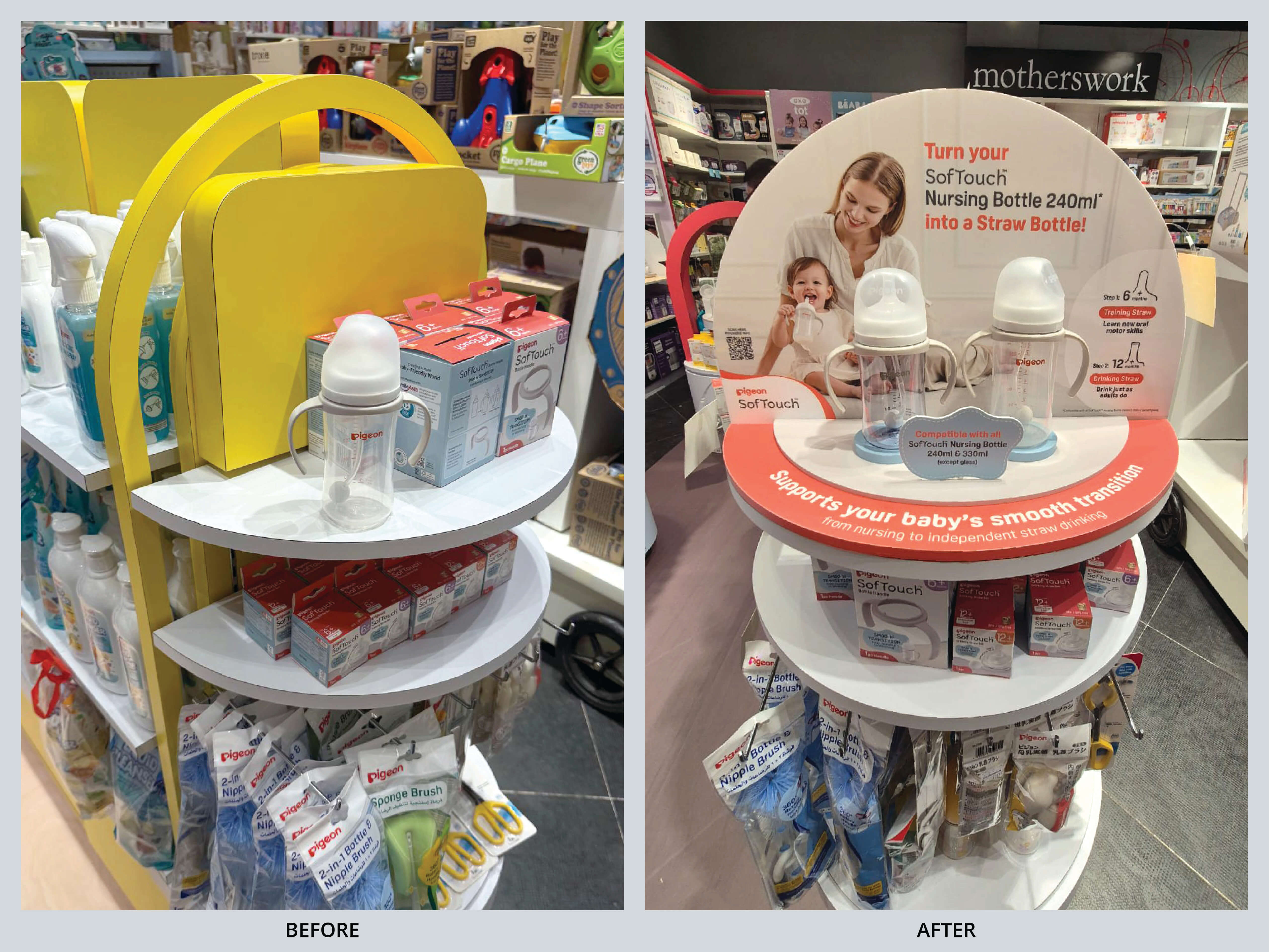 Case Study_Retail Store Display Reinvention for Pigeon Singapore

A side-by-side comparison of a baby product display. The 'Before' photo shows limited shelf items, while the 'After' displays an organized layout with a promotional sign highlighting a nursing bottle's versatility.