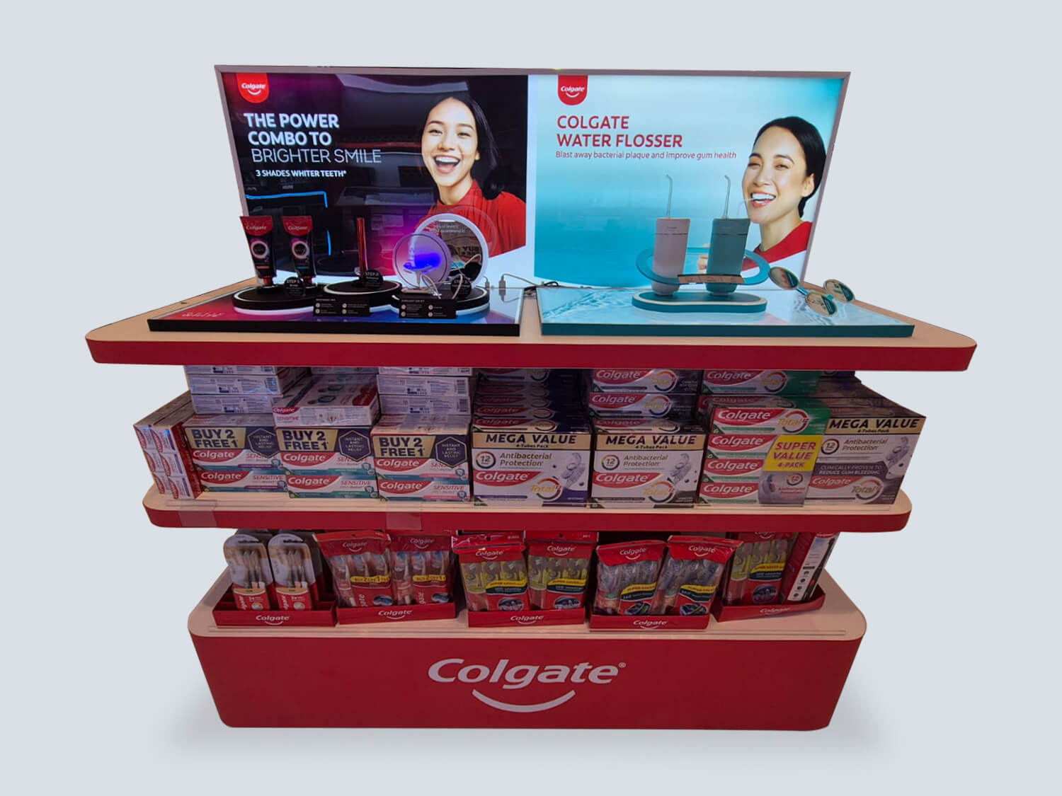 Retail Merchandising Solutions_POSM/Display Sustaining Refresh Solutions_Colgate Gondola Singapore

A retail gondola display featuring Colgate products. The top integrates promotional graphics highlighting products for brighter smiles and a water flosser. The lower section showcases various Colgate packaging with promotional signage.


