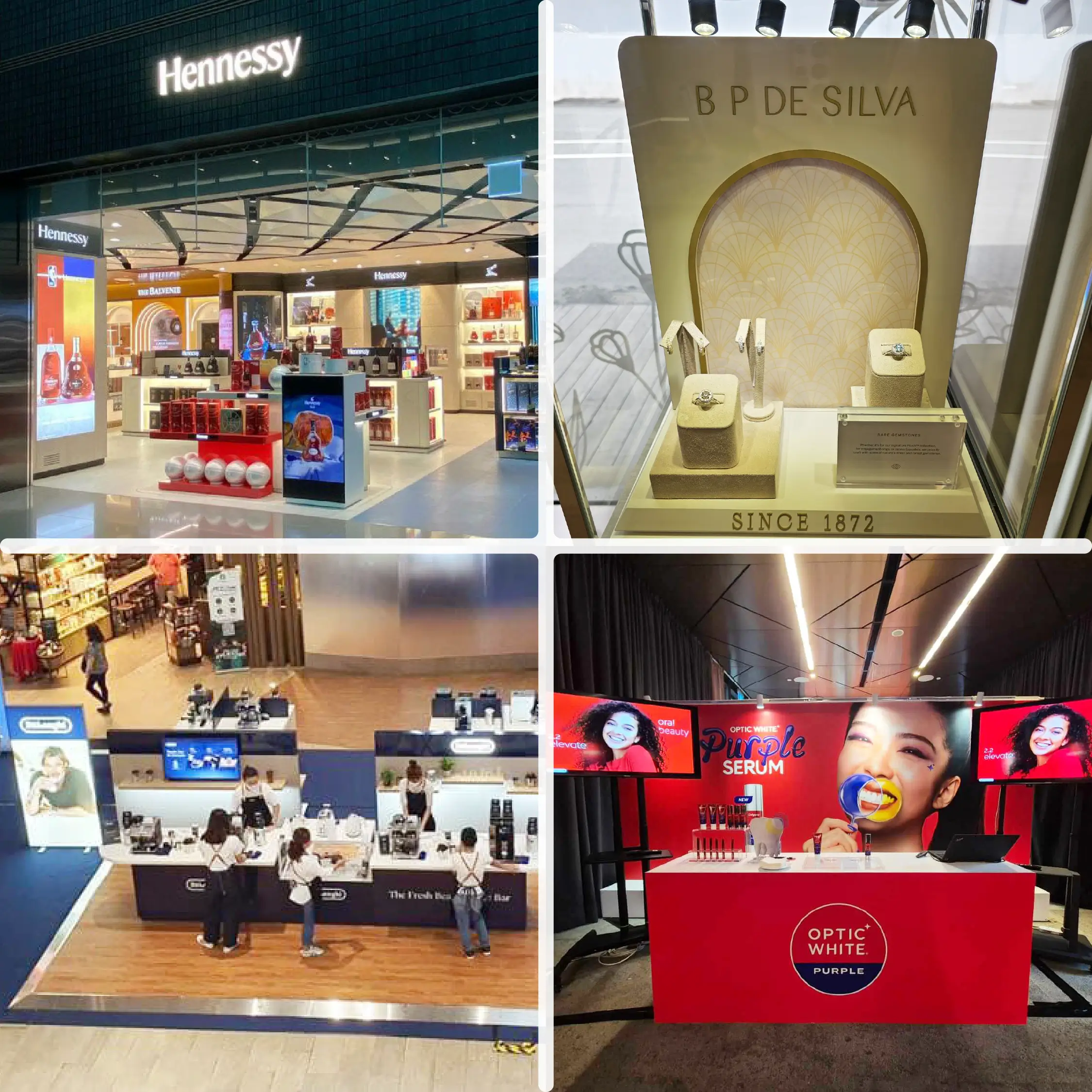 A collage of retail displays features organized product arrangements for Glenmorangie, jewelry showcase by B P De Silva, and a Delonghi Coffee Brand Activation. Also includes a vibrant Optic White serum booth, highlighting the services of a leading retail marketing and visual communications agency.