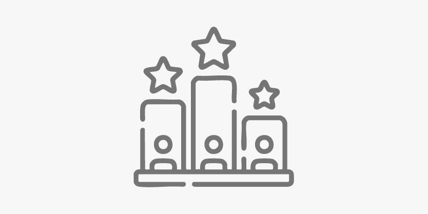 Icon of performance ranking, featuring three figures in front of tall bars with stars above, symbolizing brands of any size with flexible growth.
