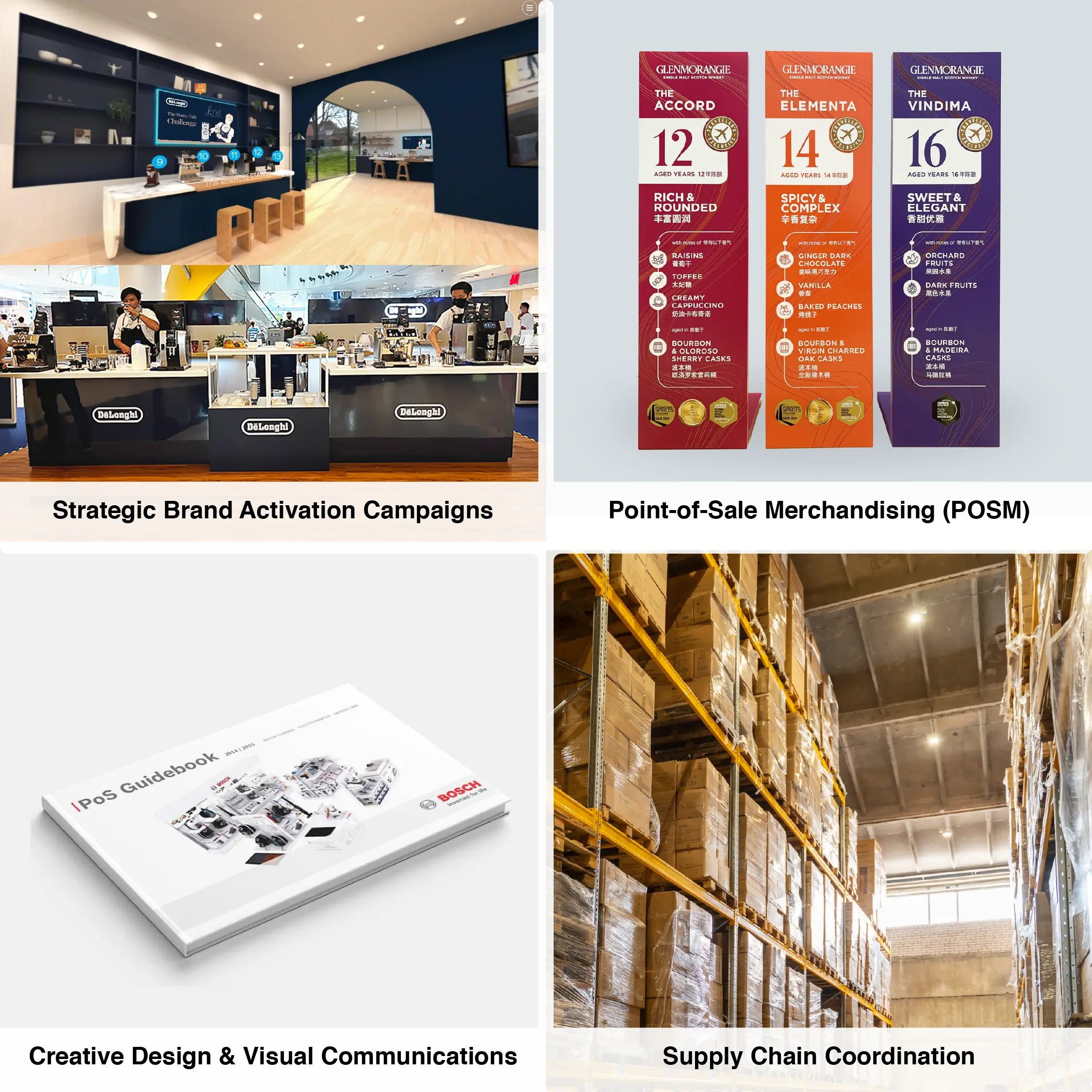 A collage showcasing various marketing strategies: an engaging brand activation setup, eye-catching point-of-sale merchandising for spirits, a creative iPOS guidebook, and a well-organized warehouse illustrating supply chain coordination, highlighting the expertise of a retail marketing and visual communications agency.