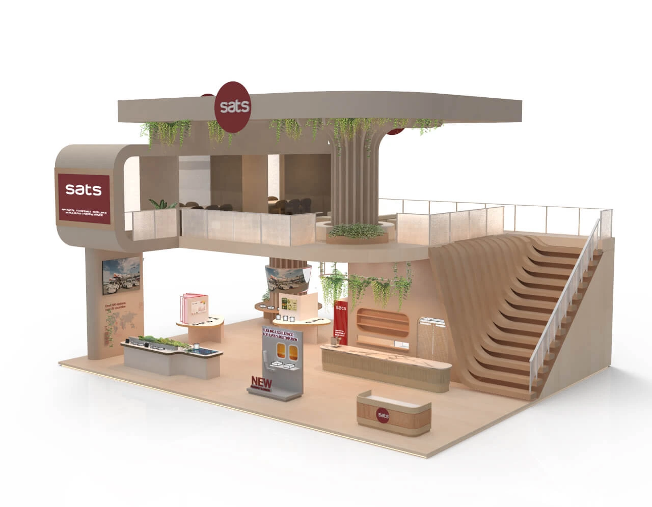 A vibrant exhibition space for 'sats', highlighting a modern aesthetic with two levels, thoughtful landscaping, and areas for product showcase in a welcoming environment.