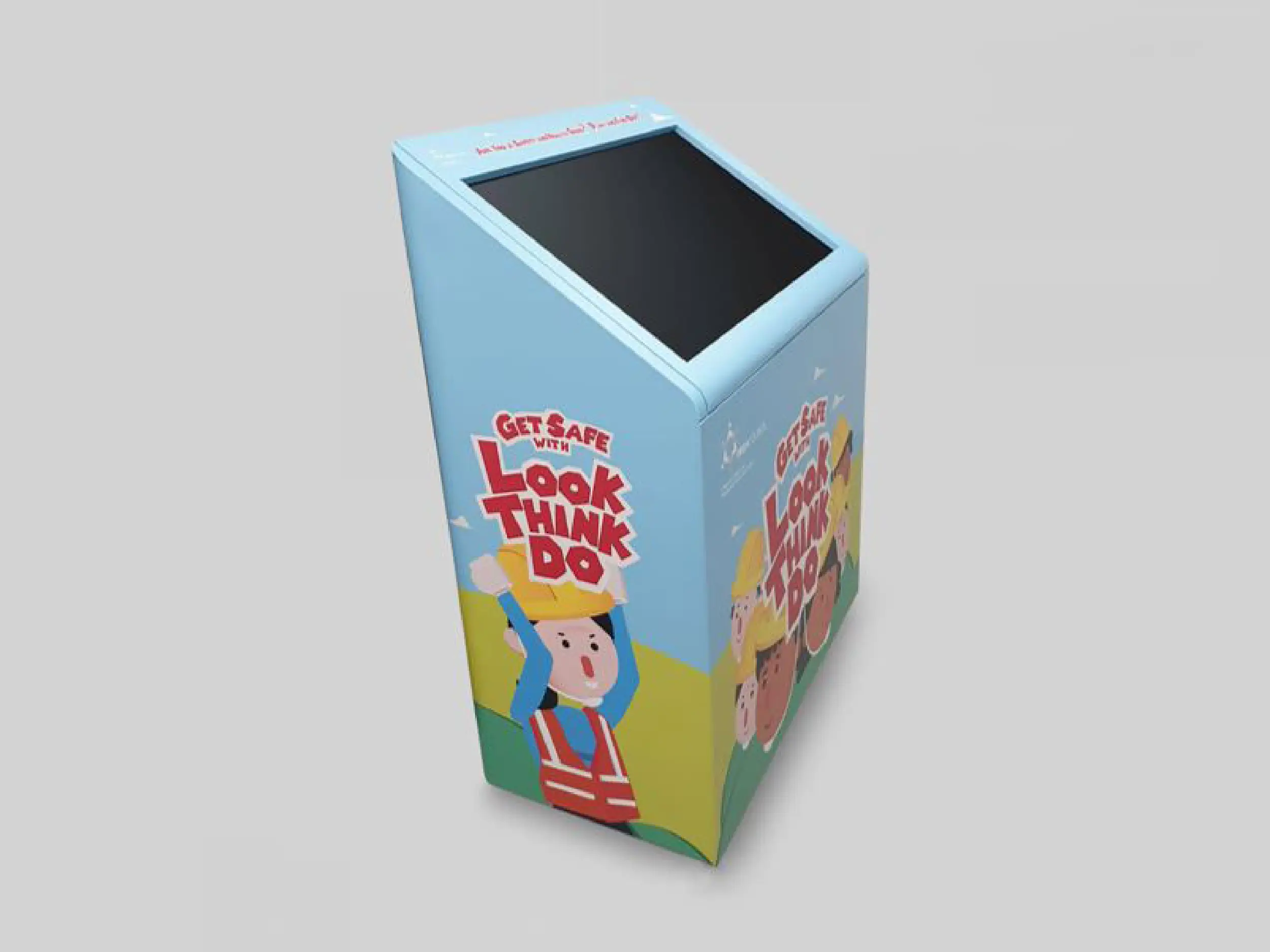 Blue kiosk with a screen on top, featuring cartoon construction workers and the text 'Get Safe with Look Think Do'.