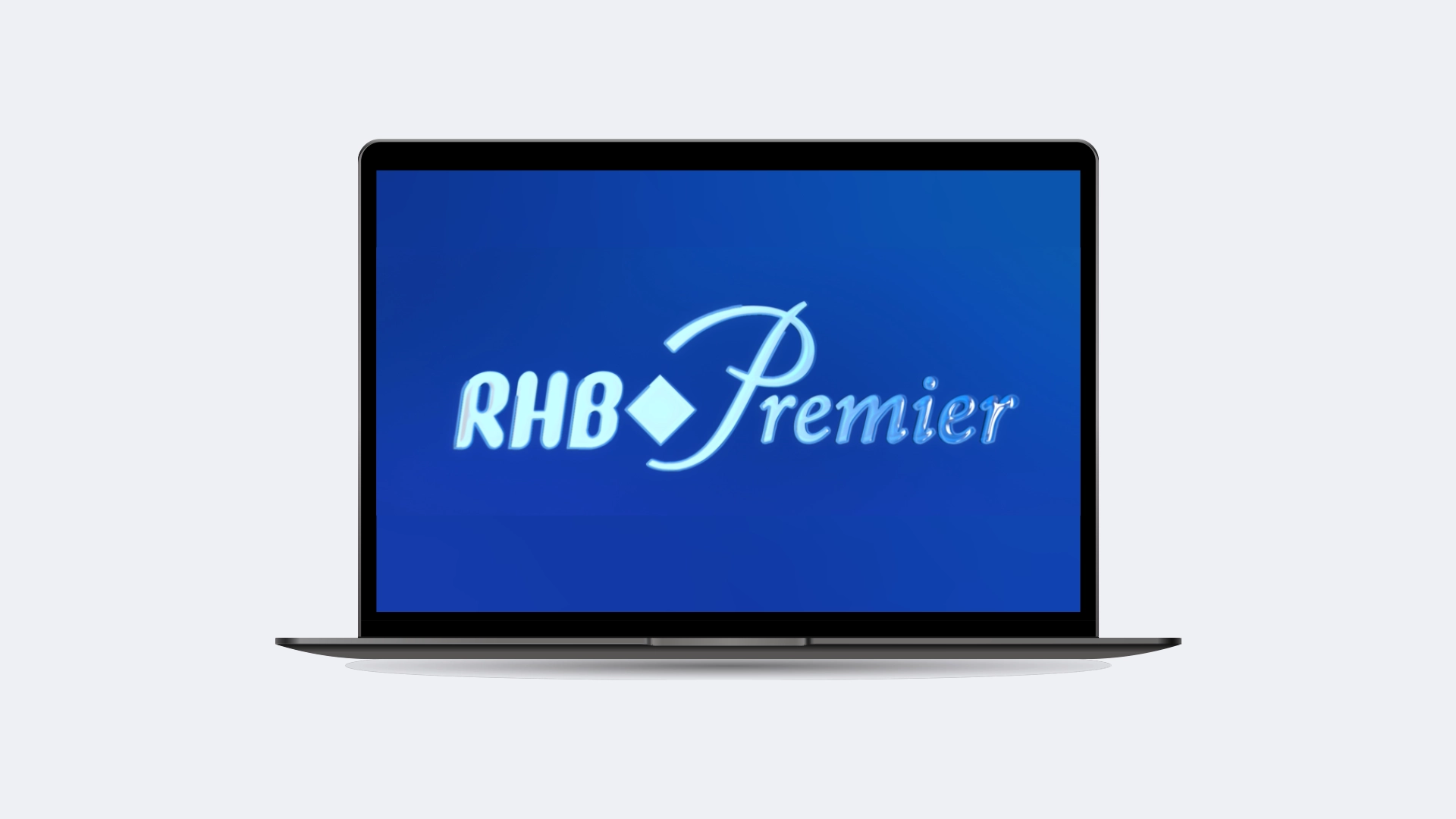 Laptop screen displaying the RHB Premier logo with white text on a blue background.