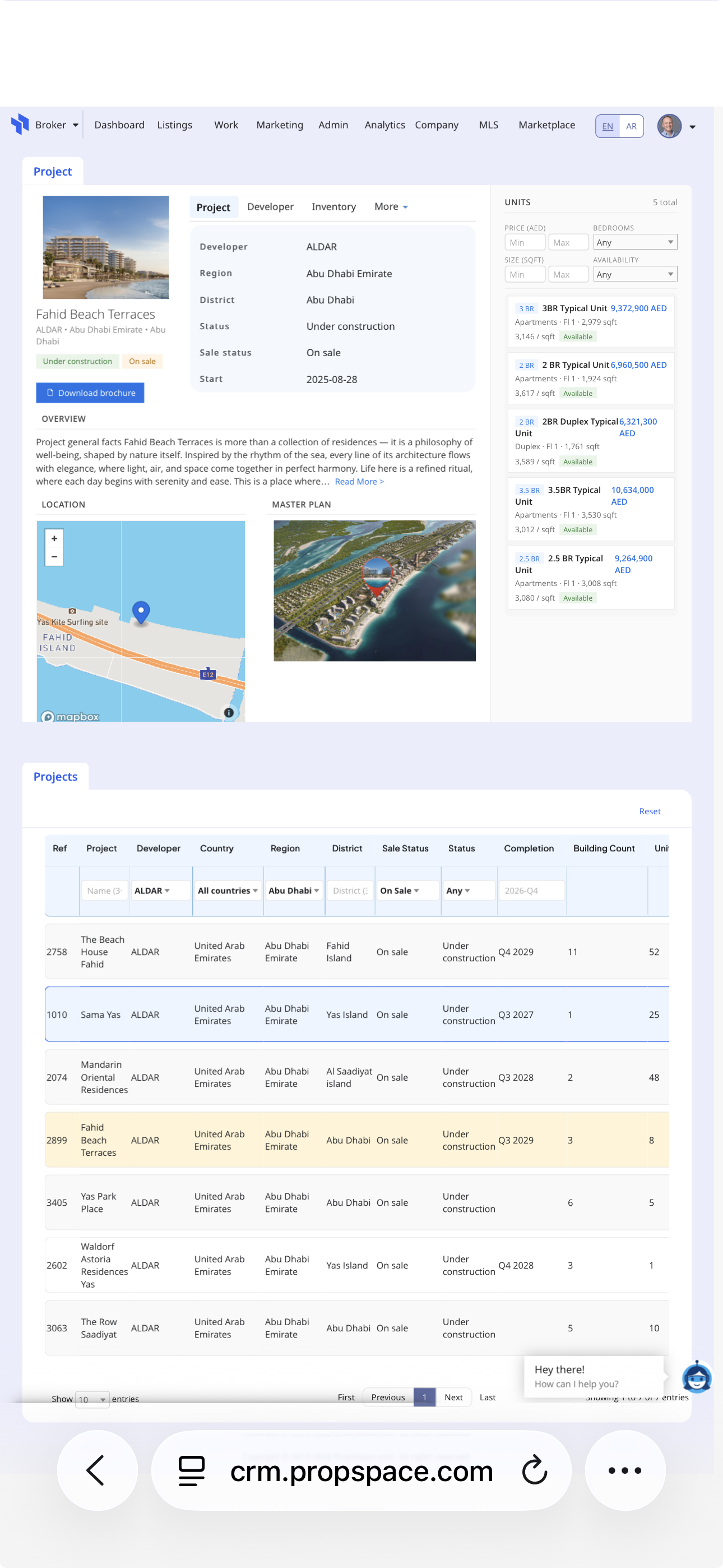 PropSpace project record with developer info, map, master plan and unit inventory panel