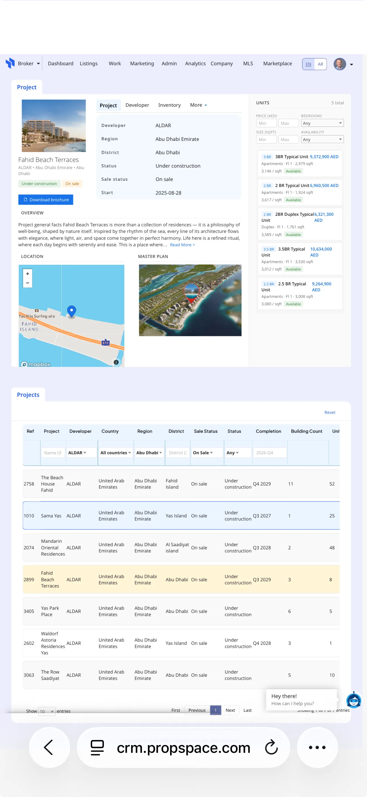 PropSpace project record with developer info, map, master plan and unit inventory panel
