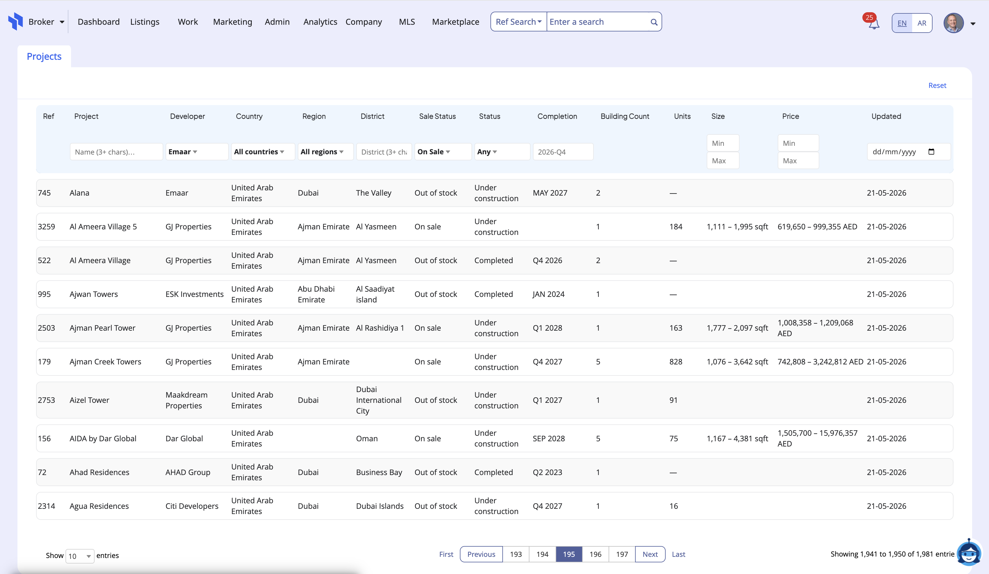 PropSpace off-plan project directory showing 1,000+ UAE developments with inline filters