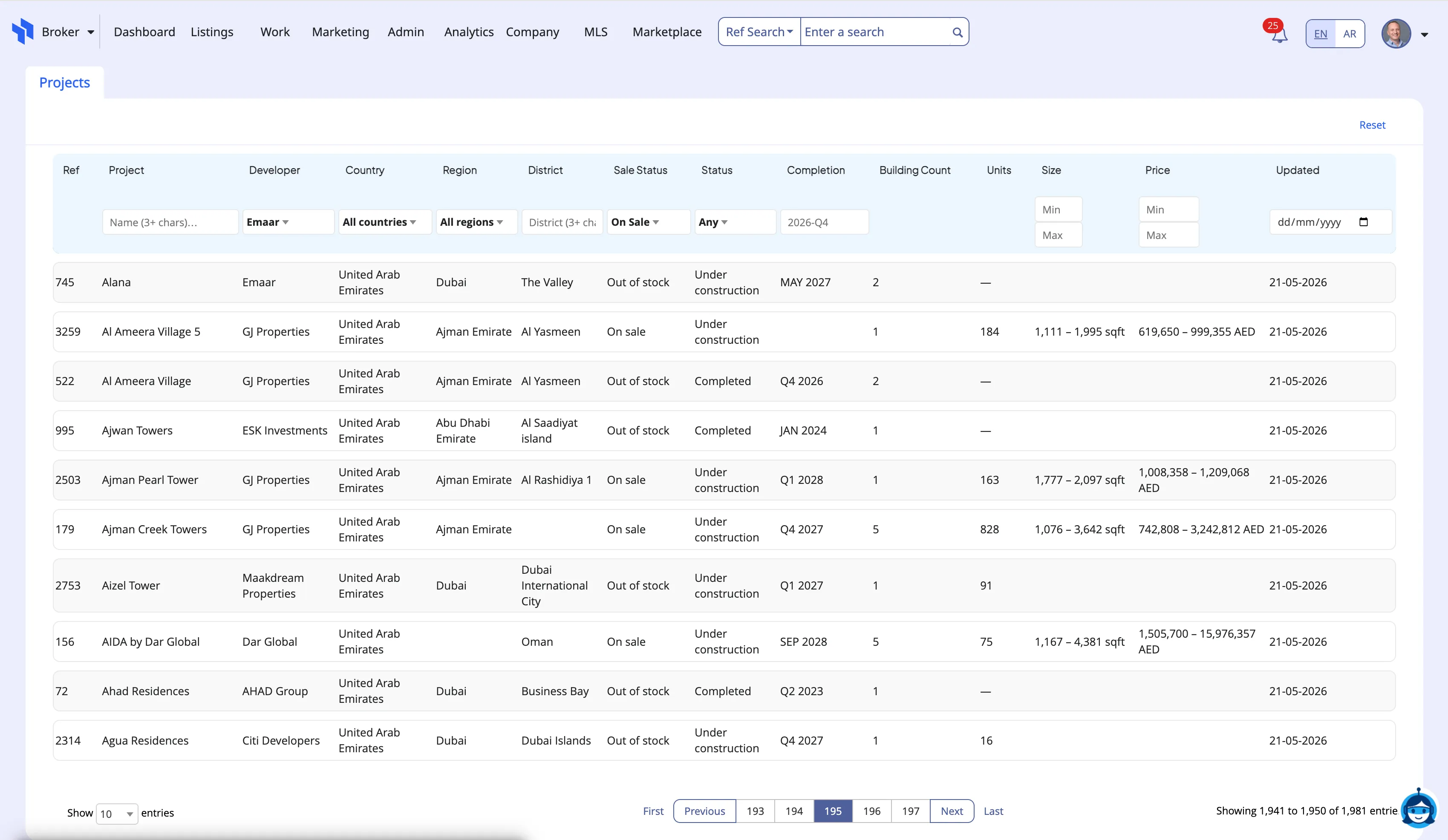 PropSpace off-plan project directory showing 1,000+ UAE developments with inline filters