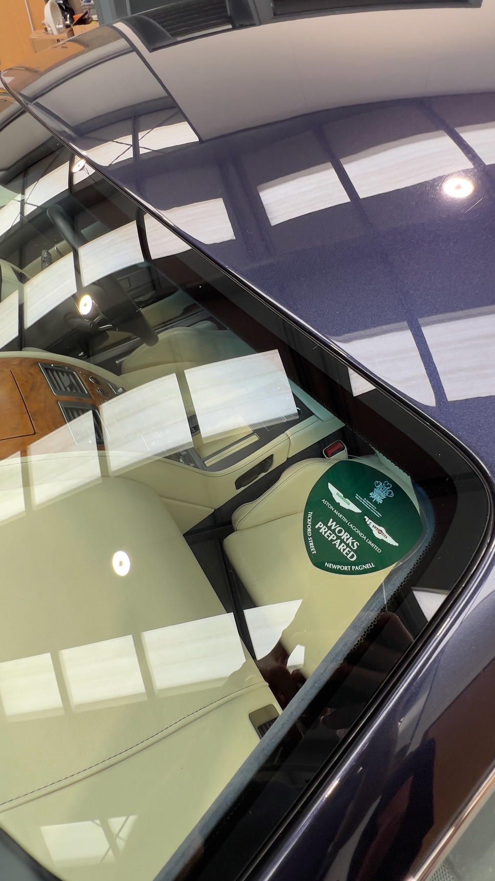 Aston Martin Lagonda 'Works Prepared' Newport Pagnell windscreen disc on the DB9, with the parchment leather interior behind