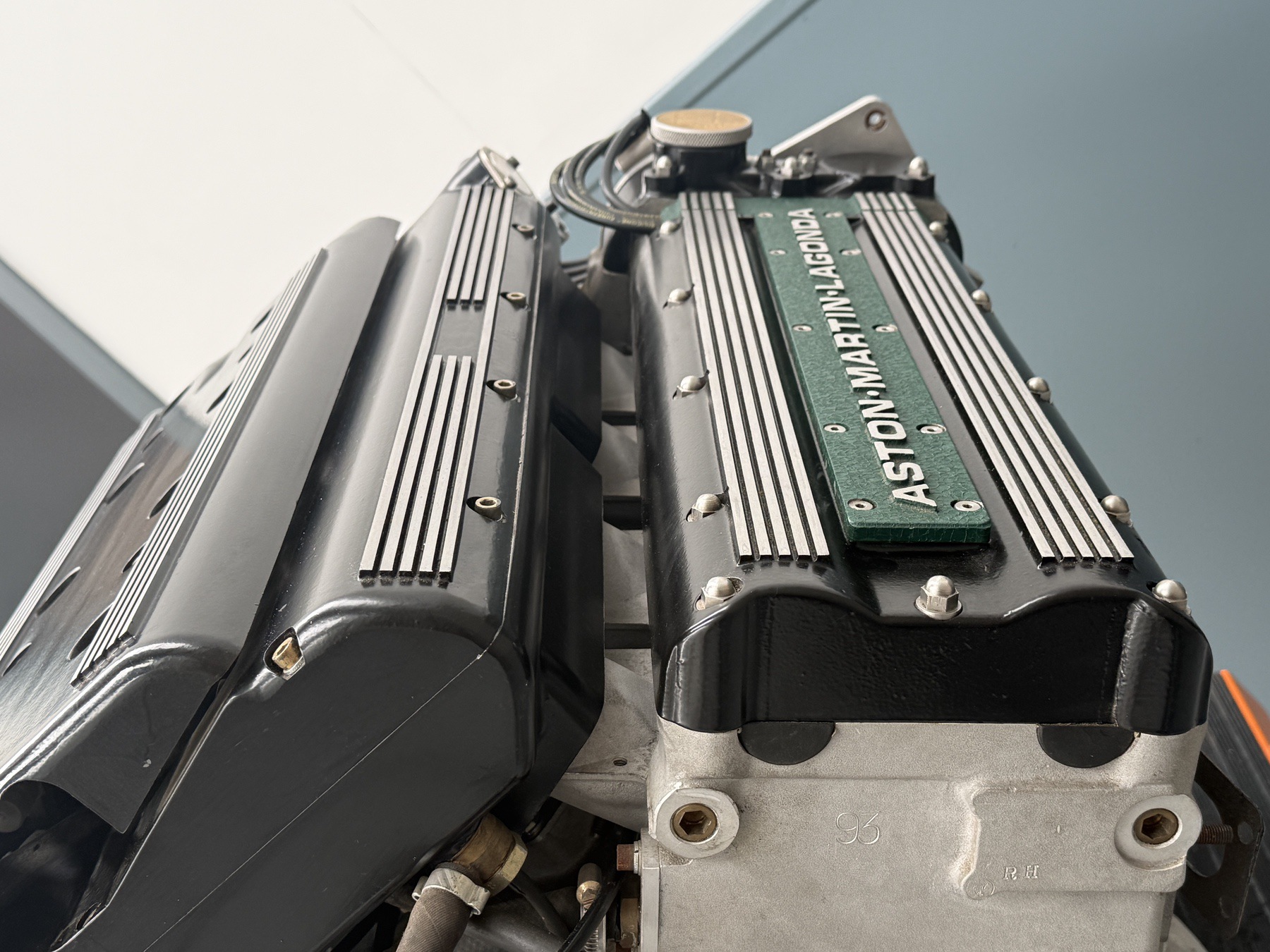 Ribbed alloy and green Aston Martin Lagonda cam covers on the 7.3 litre multi-valve V8