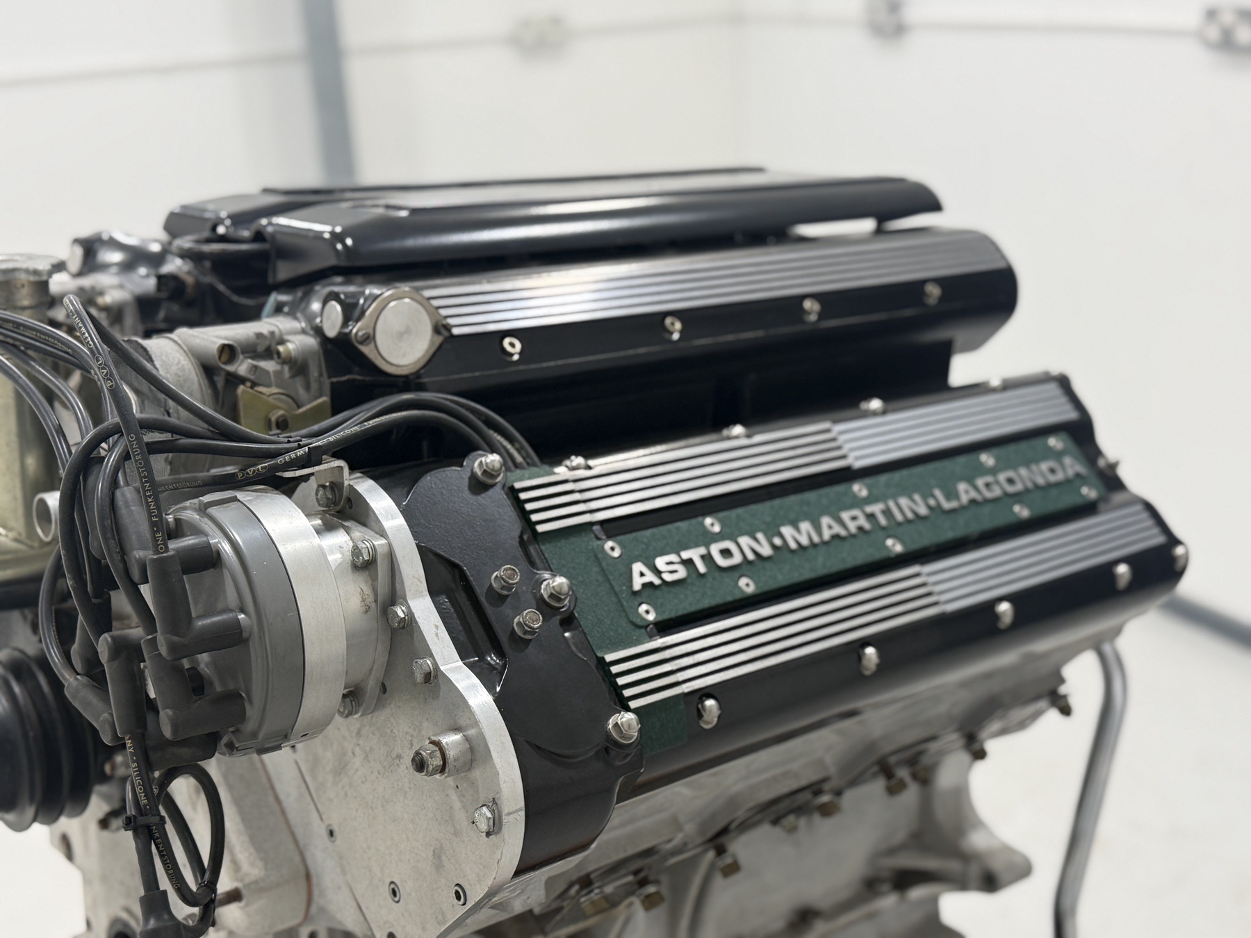 Aston Martin 7.3 litre V8 engine showing the alternator and front ancillaries