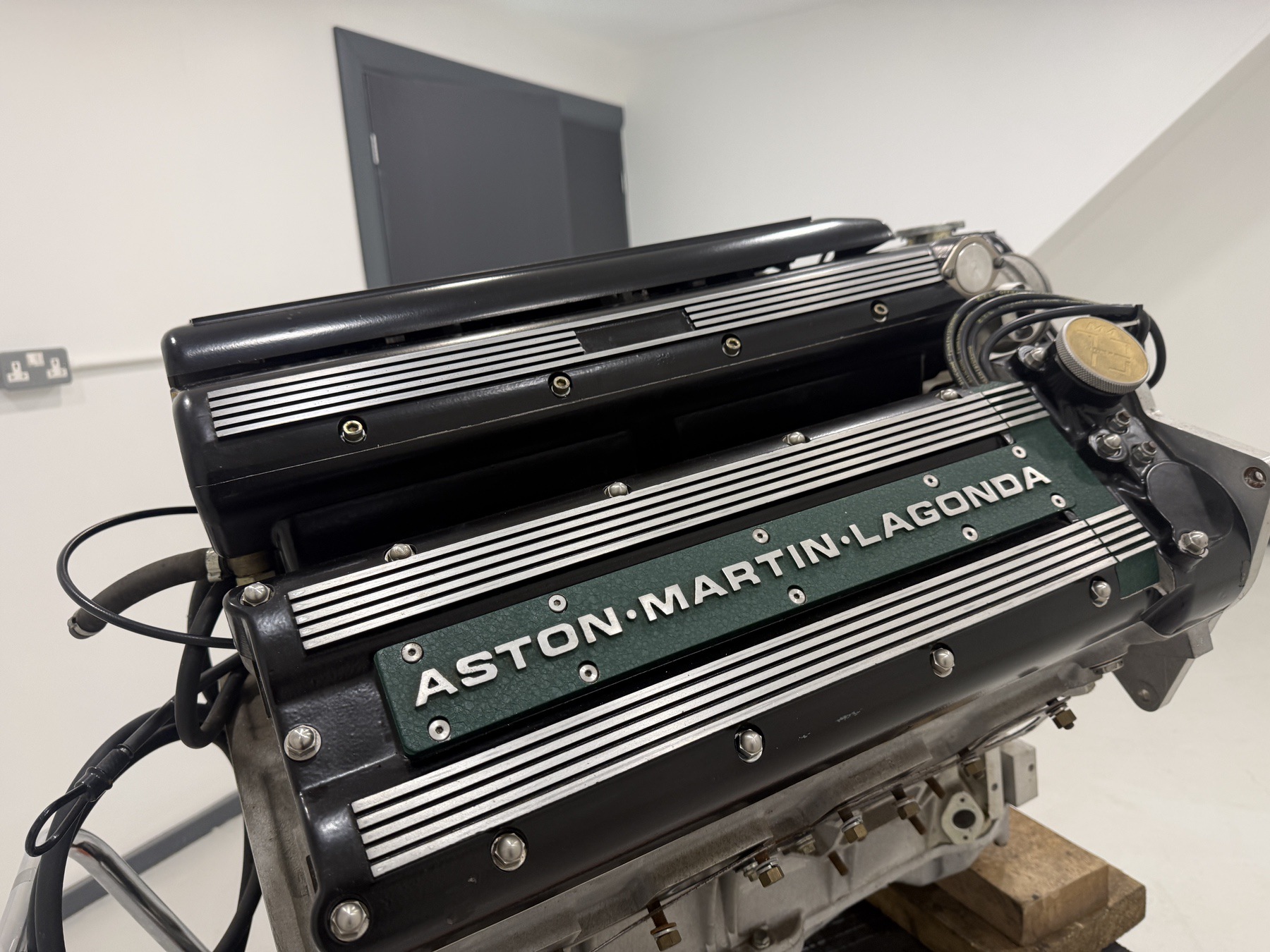 Aston Martin 7.3 litre multi-valve V8 engine with green Aston Martin Lagonda cam covers, built by Hutson Engineering Services