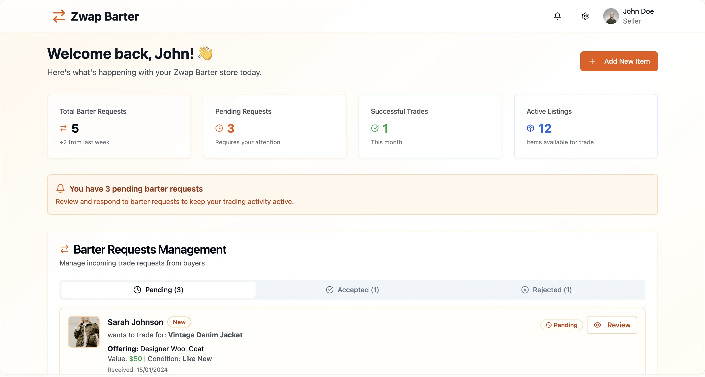 Seller dashboard view in a barter exchange marketplace demo store