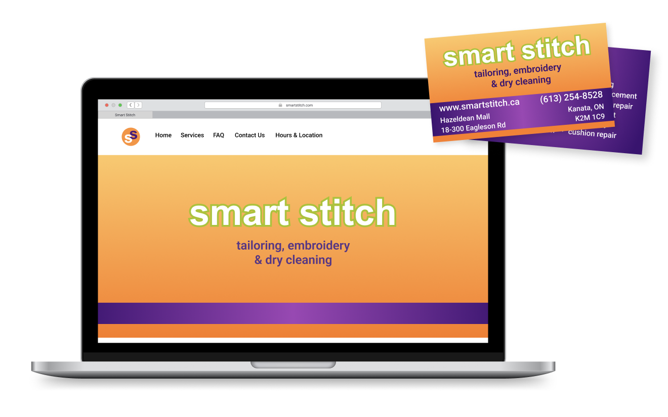 Smart Stitch website displayed on laptop and smart stitch business cards