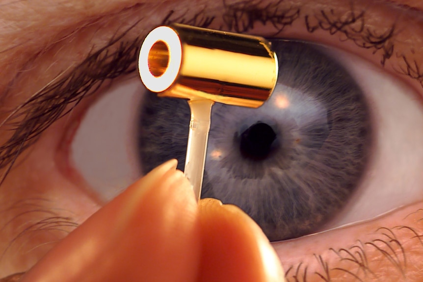 A small golden cylinder held up to a person's eye
