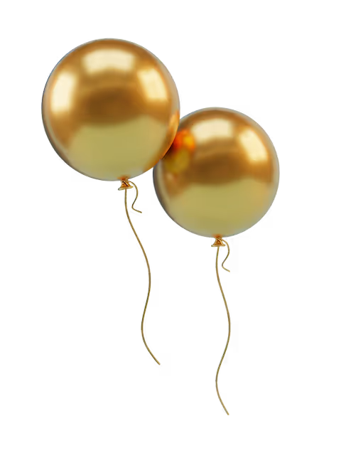 Two shiny gold helium balloons with long curling ribbons.